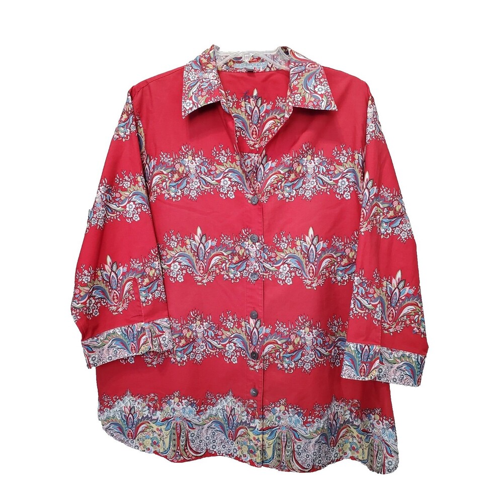 Foxcroft Wrinkle Free Shaped Fit Red Floral Paisley Button-Up Shirt Size 16W